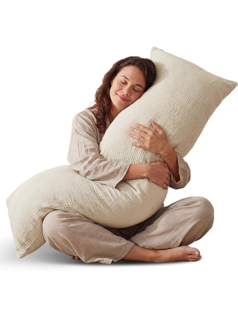 Cozy Cotton Body Pillow with Cover for Side Sleepers, 20x54, Soft Linen Beige